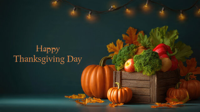 Happy Thanksgiving Day still life with autumn harvest and decorative pumpkins in a wooden crate