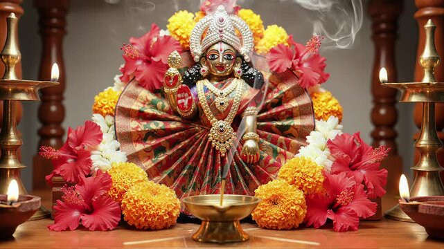 Hindu Goddess Jagaddhatri Idol Decorated with Flowers and Lamps
