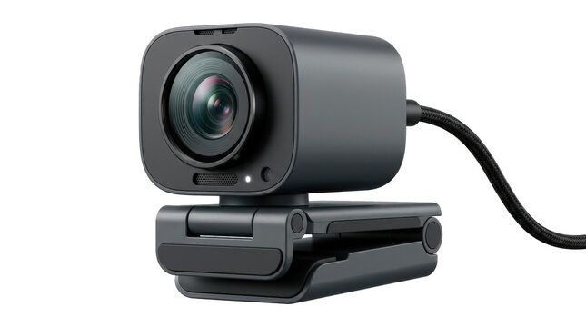 Webcam with compact camera housing, prominent glass lens and integrated monitor-mount clip, clean video-conferencing electronics design, photorealistic, front 3/4 view, horizontal orientation,