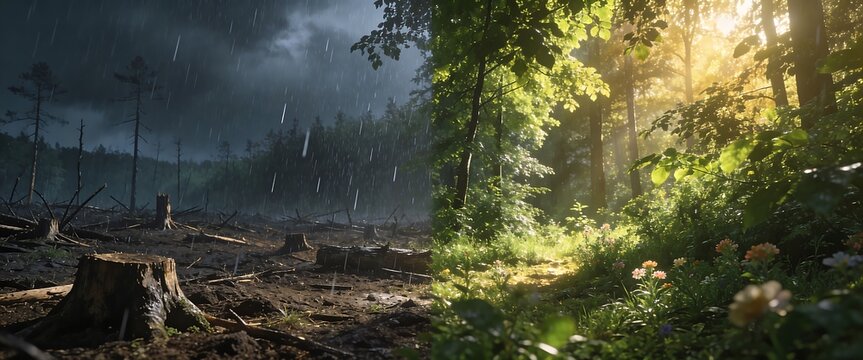 A conceptual split-screen landscape comparing a dark rainy deforested wasteland with a lush sunlit thriving forest for environmental conservation and climate change awareness campaigns.
