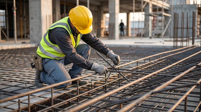 Construction worker in yellow hard hat and safety vest kneeling while tying steel rebar with wire for concrete foundation reinforcement at building site project development