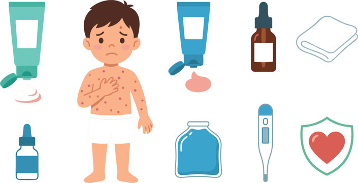  Child Skin Rash Allergic Reaction and Chickenpox Treatment Vector Icon Set with Sad Boy Covered in Red Spots, Calamine Lotion, and Thermometer Symbols.