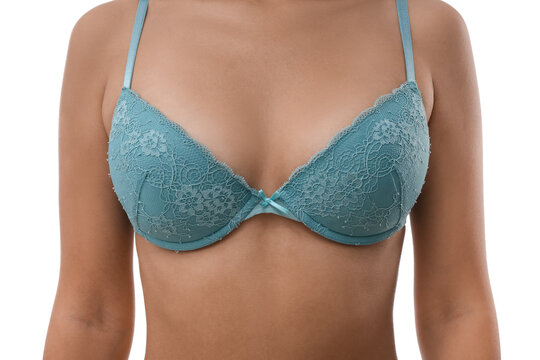 Body positivity and lingerie fashion, woman wearing blue lace bra for intimate apparel marketing and feminine wellness concept on white background