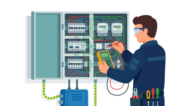 Professional electrician testing smart electrical panel with multimeter in modern industrial setting flat design vector illustration.