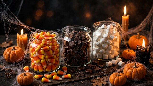 Halloween snack table with themed treats in blank jars, candles and mini pumpkins