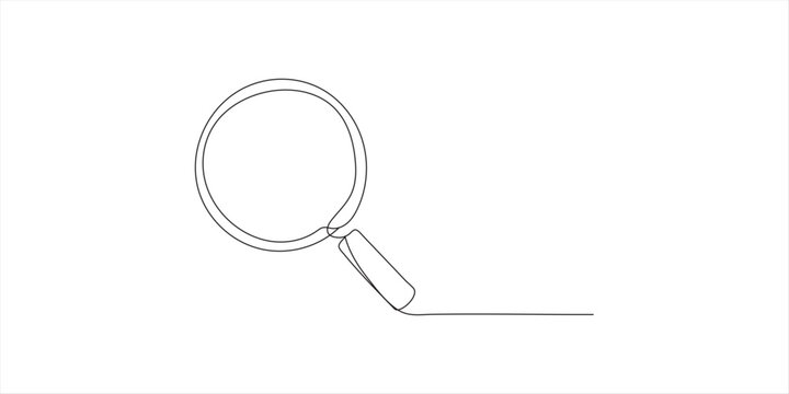 Continuous single line drawing of a magnifying glass tool for searching and finding information in a simple minimalist style for business and web design