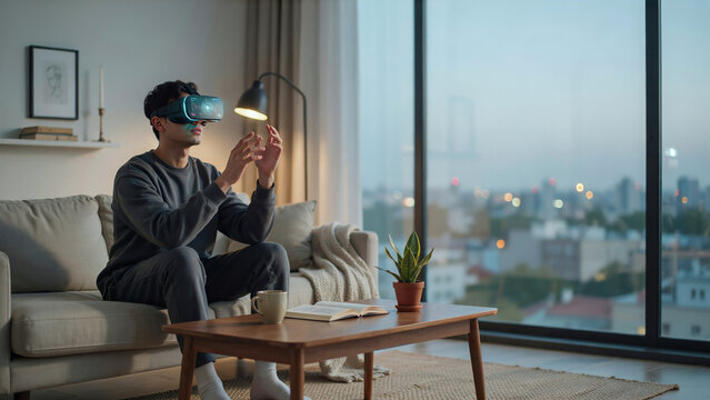 Person in VR gaming session with glowing digital interface in cozy apartment