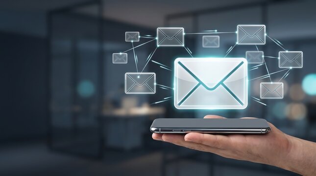 Hand holding smartphone displaying animated email network connections and digital envelope icons representing global communication and cloud based messaging systems for modern business