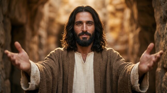 Jesus Christ standing with arms outstretched toward the viewer in a spiritual setting.
