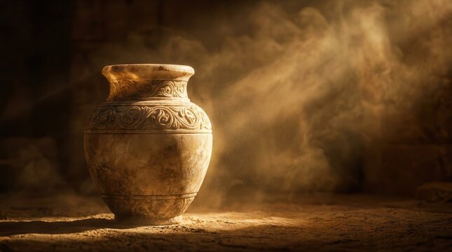 Expensive perfume in an alabaster jar, a biblical scene of anointing.