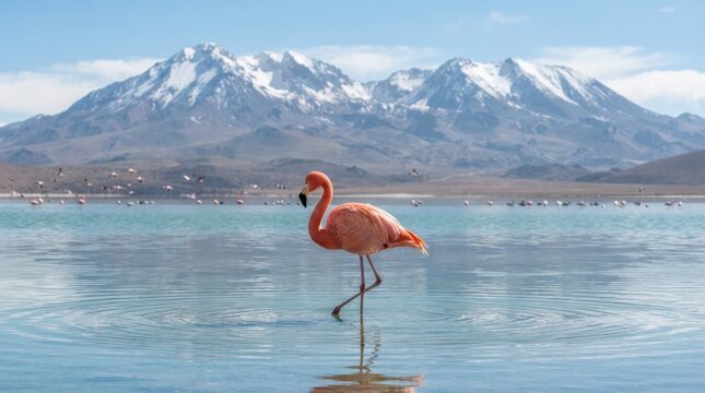 A vibrant pink flamingo standing in a serene high altitude lake with snow-capped mountain peaks