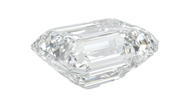 Emerald-cut diamond with crisp rectangular facets, brilliant clarity and sharp reflective geometry, luxurious precision-cut gemstone, photorealistic, front 3/4 macro view, horizontal orientation,