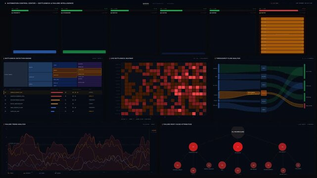 Explore the Intelligent Automation Control Center showcasing execution queues, bottlenecks, and failure trends in a high-tech, visually striking 4K animated environment.