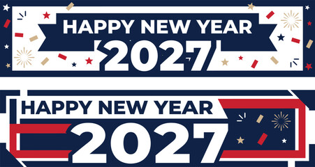 Obraz premium Happy New Year 2027 patriotic-inspired rectangular typography banner collection with bold numbers, stars, stripes and festive celebration decorations for holiday designs