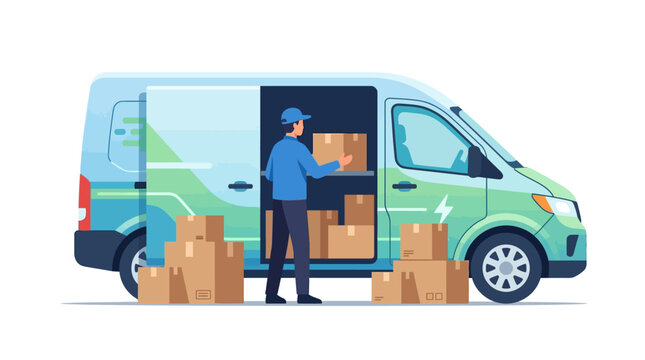 Professional courier loading cardboard boxes into modern electric delivery van flat vector illustration