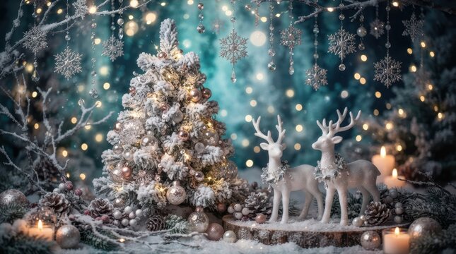 Festive Christmas tree with white reindeer figurines and glowing lights in a snowy winter forest