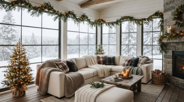 Cozy living room decorated for Christmas with a snowy forest view through large glass windows