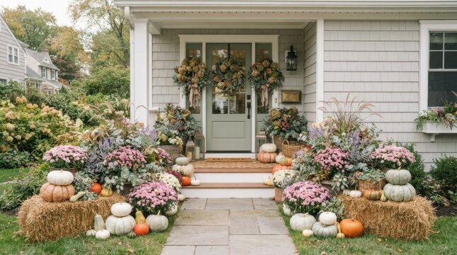 Cozy autumn porch decorated with pumpkins, hay bales, and colorful chrysanthemums for the season