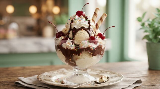 A delicious vanilla ice cream sundae served in a glass bowl with chocolate sauce and cherries