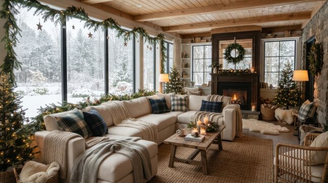 Cozy living room interior decorated for Christmas with a snowy forest view through large windows