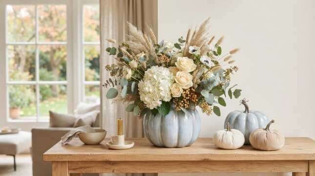 Elegant autumn floral arrangement in a pumpkin vase on a rustic wooden table in a bright room