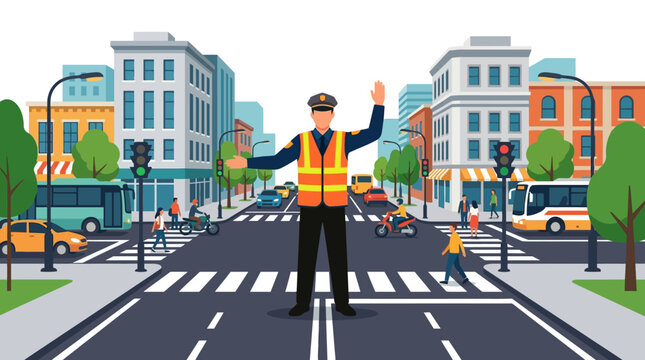 Professional traffic controller officer directing vehicles and pedestrians at a busy city intersection flat vector illustration