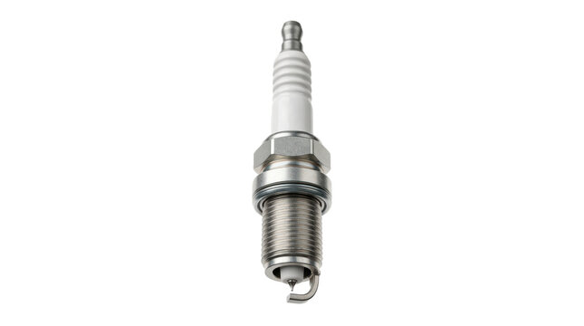 Automotive spark plug with ceramic insulator, threaded metal body and precision electrode tip, detailed engine ignition component, photorealistic, front 3/4 macro view, vertical orientation,
