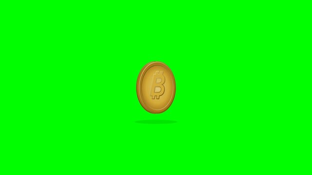 Premium Bitcoin cryptocurrency coin smoothly rotating 360 degrees around its vertical axis on a solid green screen background, designed for crypto, finance, money, investment, and commercial video com