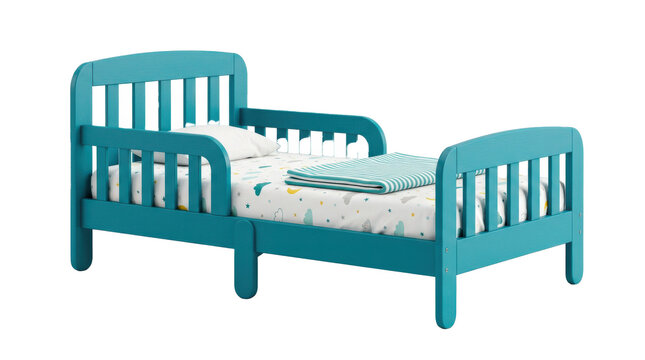 Toddler bed with low protective side rails, compact child-sized frame, rounded safe edges, and cheerful practical bedroom furniture design. Photorealistic, front 3/4 view, horizontal orientation,