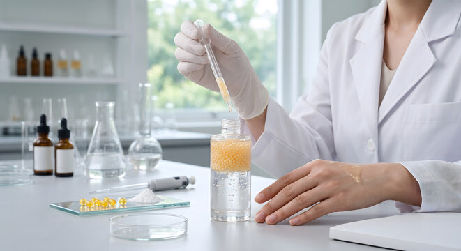 Cosmetic scientist formulating micro capsule serum in bright modern laboratory