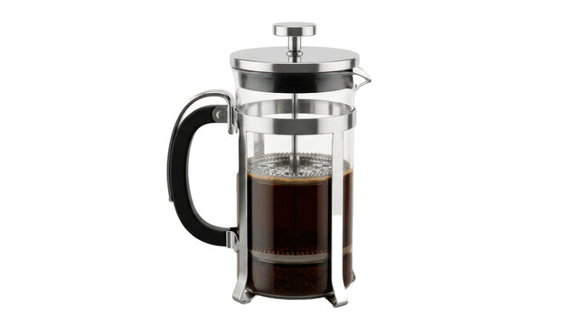 Glass French press coffee maker with a metal frame and a plunging mesh filter. Photorealistic, front 3/4 view, vertical orientation, ultra-high-resolution 8K, on a pure white background (#FFFFFF)
