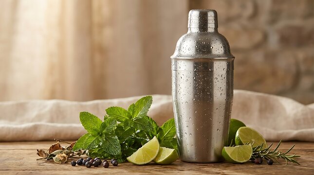 Metal cocktail shaker with fresh lime and green mint leaves on a rustic wooden table. cocktail shaker mockup