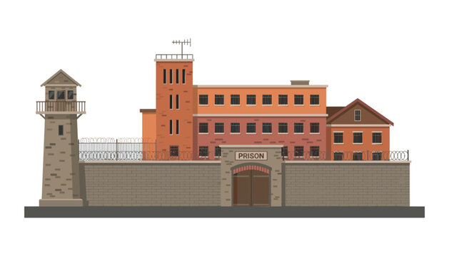 Prison building vector illustration with high concrete security wall watchtower barbed wire and gated main entrance
