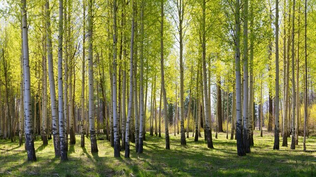 Aspen forest with bright green leaves in sunlight