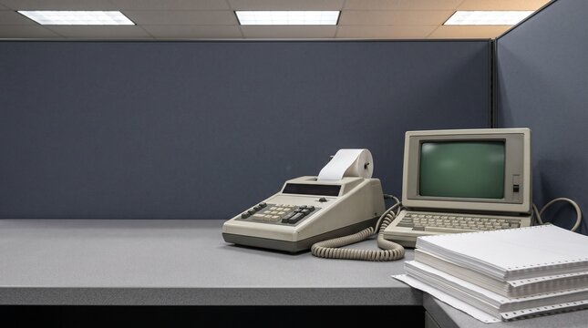 Vintage Computer and Adding Machine on Office Cubicle Desk