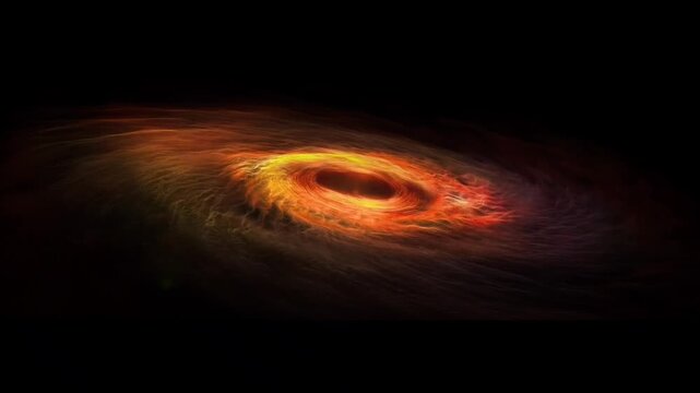 An abstract cinematic visualization of a glowing vortex of fire resembling a black hole's accretion disk, featuring swirling orange and red energy particles moving against a dark background.