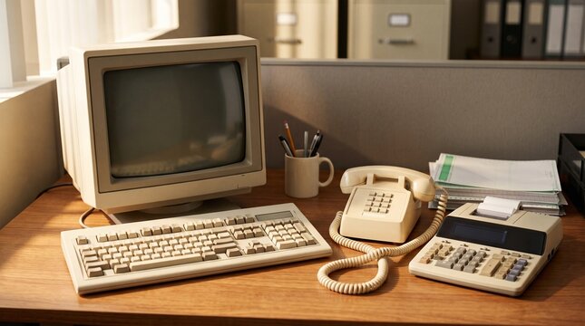 Vintage Computer and Telephone on Office Cubicle Desk