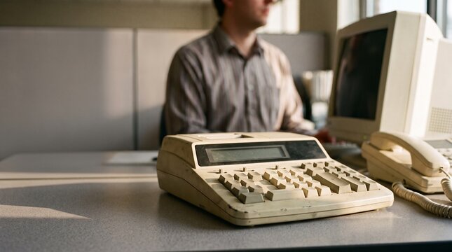 Vintage desktop adding machine in office with CRT monitor and worker