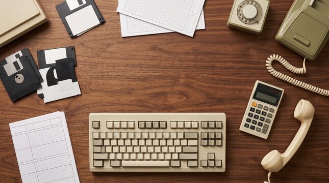 Vintage Office Desk with Computer Keyboard, Phone, and Floppy Disks