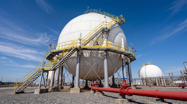 Large spherical storage tank with metal stairs in an industrial facility