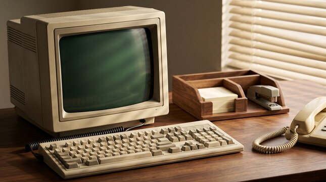 Retro computer setup on wooden desk with keyboard and monitor