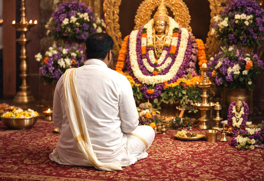 Man in traditional attire praying in front of ornate religious altar