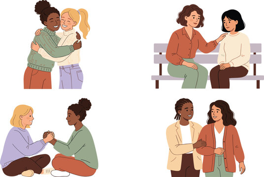 Supportive Women Friends Character Vector Set with Hugging Comforting and Talking Poses for Mental Health and Friendship Designs
