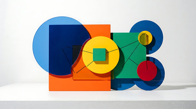 Abstract geometric wall sculpture made of colorful translucent and opaque layered shapes