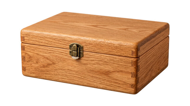 Wooden tea box with a neat hinged lid, warm natural grain and compact storage form, elegant rustic kitchen accessory for tea keeping, photorealistic, front 3/4 view, horizontal orientation,