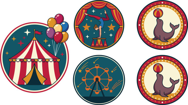 Vintage Circus Sticker Badge Vector Set Featuring Tent, Acrobat, Ferris Wheel, and Balancing Seal for Retro Carnival Event Designs