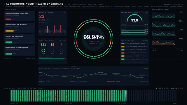 Explore a detailed 4K autonomous agent health dashboard showcasing uptime, response quality, and execution failures with a modern aerospace design and vibrant emerald green accents.