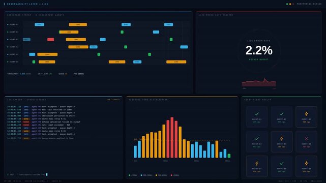 Explore a cinematic 4K Real-Time Agent Observability Dashboard showcasing executions, errors, logs, and response times with a sleek, modern design and atmospheric depth.