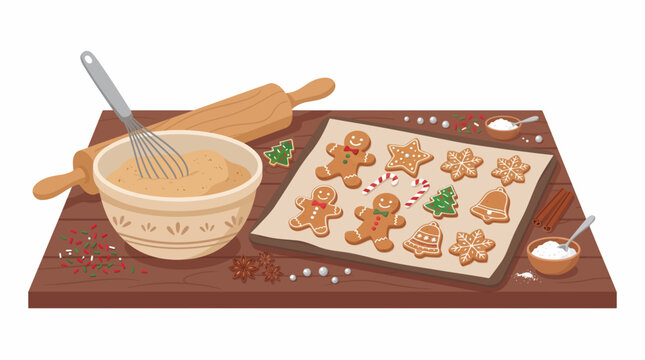 Christmas cookie baking scene with gingerbread men and festive decorations