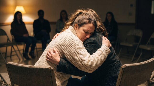 Woman hugging friend in support group meeting, capturing emotional healing and empathy during a therapy session for mental health awareness and community counseling services.